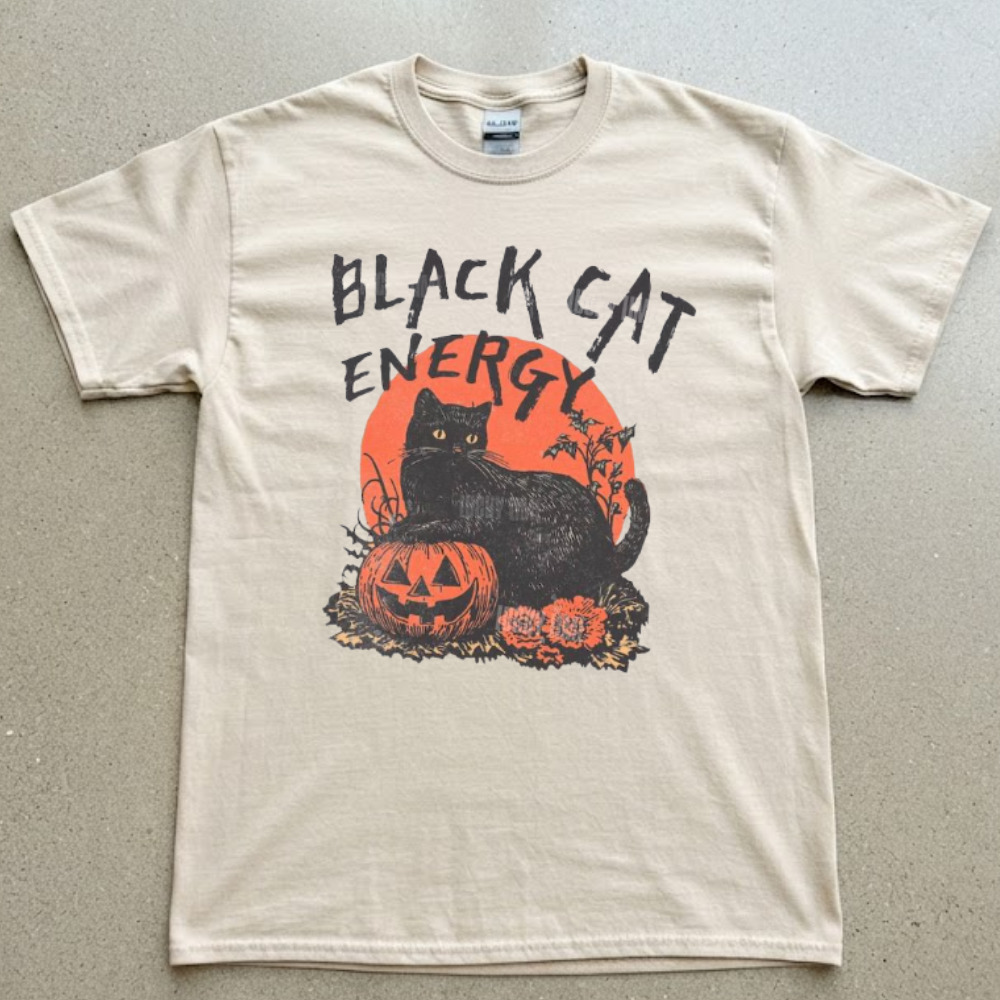 Black Cat Energy Jack O Lantern Pumpkin Halloween Spooky Vintage Sand T-Shirt